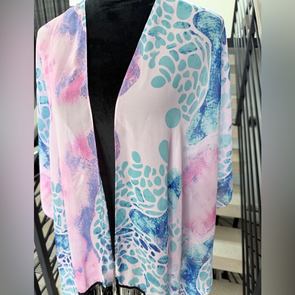 New Bohemian Beach Vacation Pink and Blue Shawl Kimono Cover up with Fringe - Picture 4 of 6